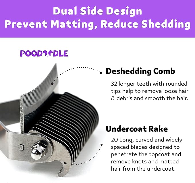 2 in 1 Undercoat Rake for Dogs and Cats, Professional Grooming Brush Dematting & Shedding Comb to Remove Loose Hair, Matted Fur Efficiently, Perfect for Poodle, Doodle & All Long Haired Pets-PurrikoPets