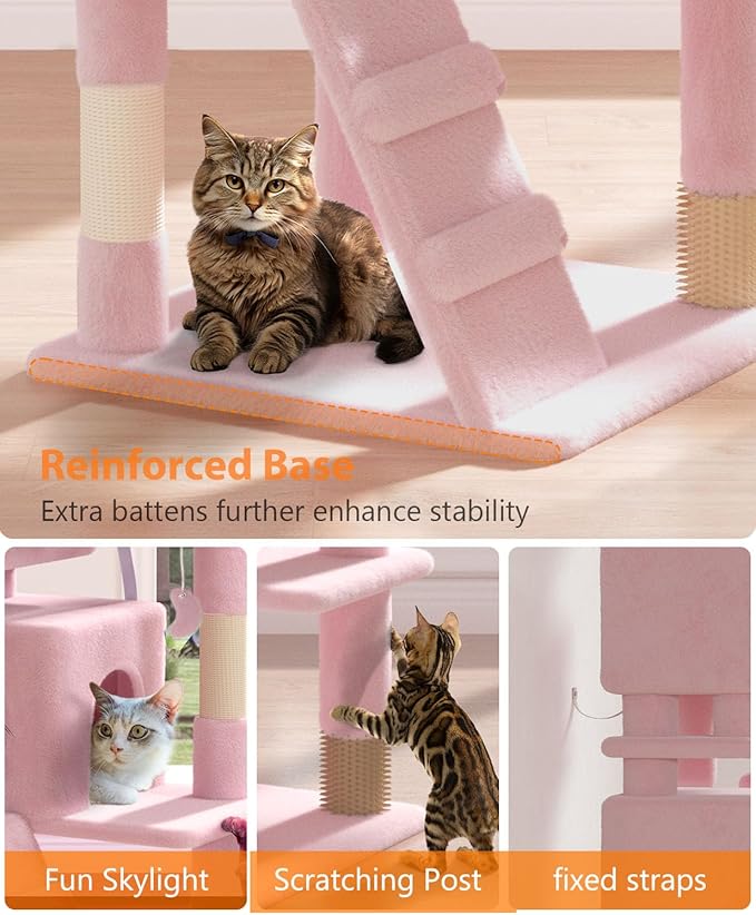 54" Cat tree Tower for Indoor Cats Large Adult,Cute/Tall Modern Cat Tree for Big Cats 20 lbs,Plush Multi-Level Cat Condo with Scratching Posts, Dangling Ball for fun play (Soft Pink, 54 inch)-PurrikoPets