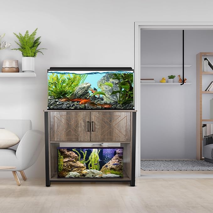40 Gallon Aquarium Stand with Cabinet & Power Outlets, Heavy Duty Metal Stand for 40-50 Gallon Breeder & Turtle Tanks, Double Terrarium Stand, 660LBS Capacity, Grey-PurrikoPets