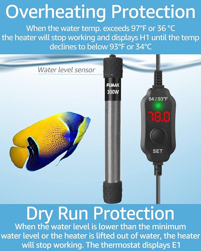 300W Adjustable Aquarium Heater Super Short Submersible Fish Tank Heater Fish Heater with LED Digital Display Thermostat, for Tanks 40-60 Gallons-PurrikoPets