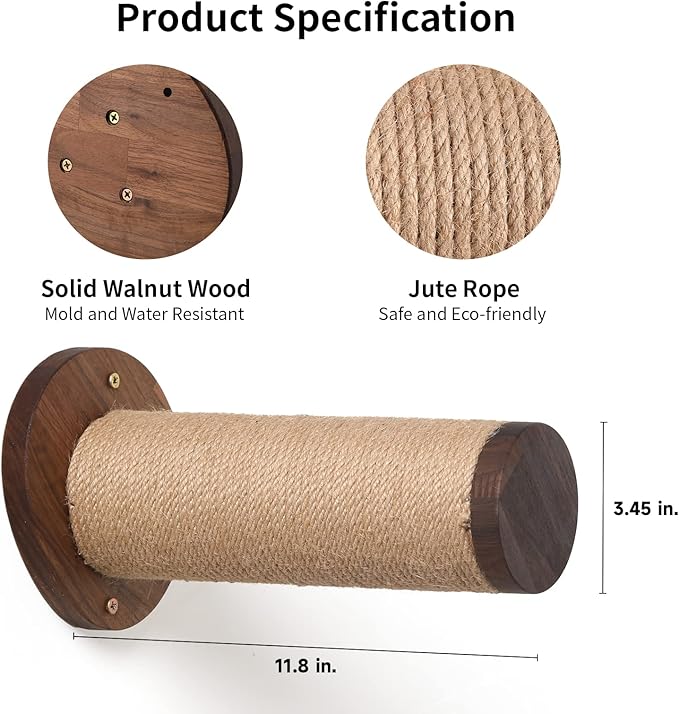 FUKUMARU Cat Wall Furniture, 11.8 Inch Cats Shelves for Drywall, Walnut Wood Kitten Stairs for Wall Mounted with Jute Scratching Kittens Steps, 2 of Pack-PurrikoPets