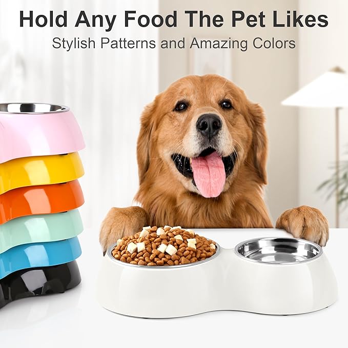 Elevated Dog Bowls Set - Non-Slip Raised Pet Feeder with Medium (10 oz) & Large (20 oz) Stainless Steel Bowls - Includes Durable Resin Stand for Puppies, Adult Dogs & Cats - White-PurrikoPets