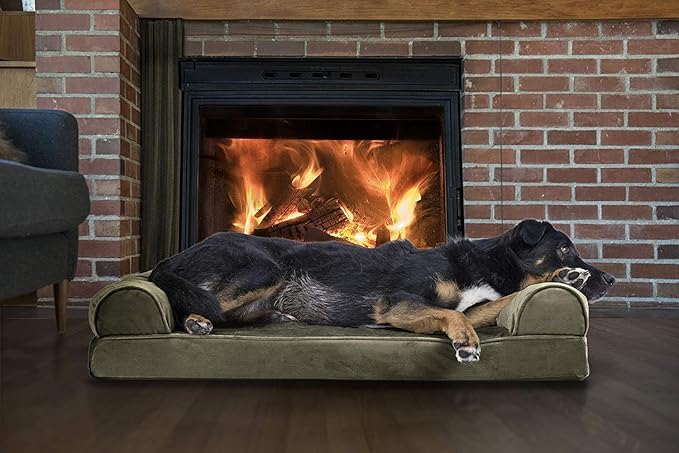 Furhaven Orthopedic Dog Bed for Large/Medium Dogs w/ Removable Bolsters & Washable Cover, For Dogs Up to 55 lbs - Faux Fur & Velvet Sofa - Dark Sage, Large-PurrikoPets