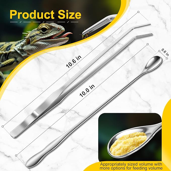 2pcs Reptile Feeding Tongs, Feeding Spoon, Stainless Steel Aquarium Feeding Tools, Curved Long Tweezers 10.6 in, Long Spoon 10 in (Coffee Spoon) for Feeding Lizards, Bearded Dragons and More.-PurrikoPets