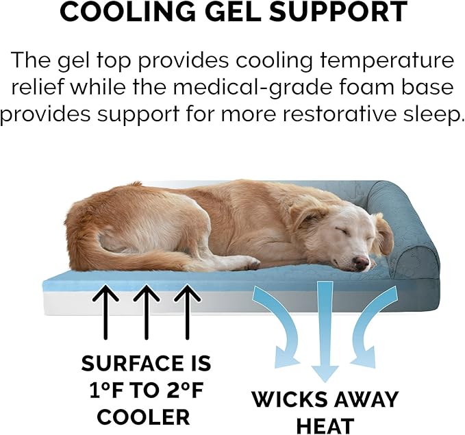 Furhaven Cooling Gel Dog Bed for Large Dogs w/ Removable Bolsters & Washable Cover, For Dogs Up to 95 lbs - Pinsonic Quilted Paw L Shaped Chaise - Bluestone, Jumbo/XL-PurrikoPets