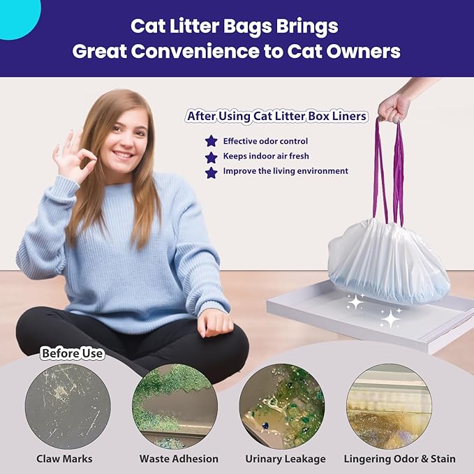 24 Count Litter Box Liners, Waste Bags Compatible with Pet-safe ScoopFree Self-Cleaning Litter Box Tray Refills, Drawstring Litter Bags for Reusable Tray, Pre-Separated (38"L x 14.5"W x 7.8"H)-PurrikoPets