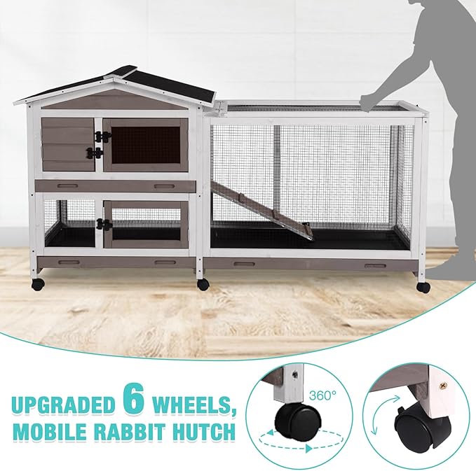 62" Rabbit Hutch with Chew-Proof Ramp & Waterproof Roof - Indoor/Outdoor Bunny Cage, 2-Story Design, 6 Lockable Caster Wheels & Dual Pull-Out Trays (Brown)-PurrikoPets
