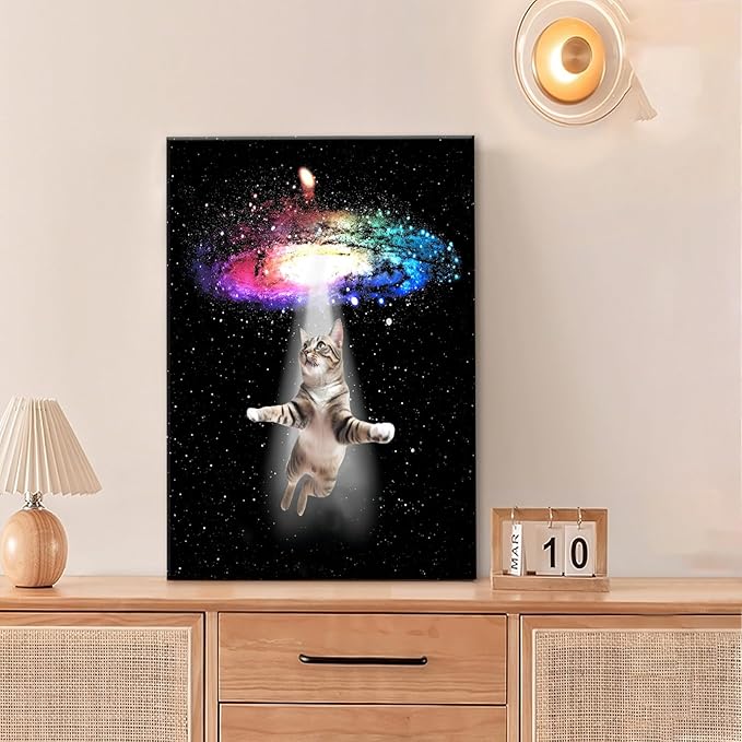 Funny Cat Wall Art Canvas Galaxy Wall Decor Prints Framed Painting Animal Pictures Gifts Artwork for Bathroom Living Dining Kitchen 16"x24"-PurrikoPets