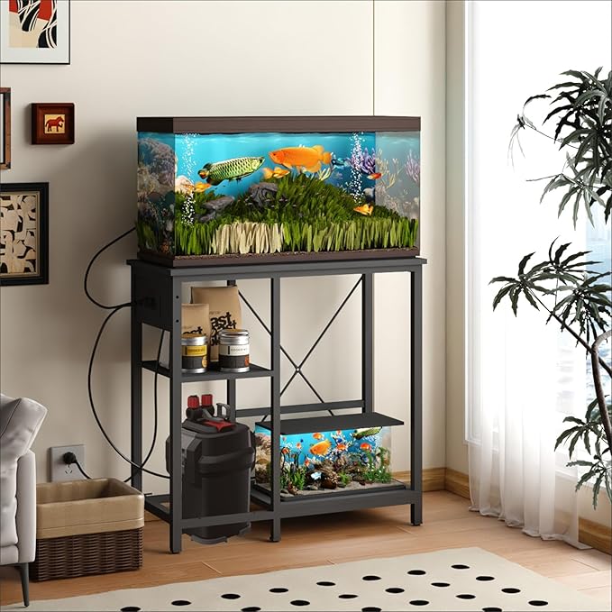 20-29 Gallon Fish Tank Stand with Power Outlet & LED Light, Metal Aquarium Stand with 3 Tier Adjustable Storage Shelves, Tank Stand for Reptile Tank, Turtle Tank, 30.7" L*13.8" W, Black-PurrikoPets