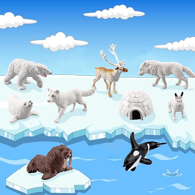 18pcs Arctic Animal Figures, Realistic Arctic Animals Toy Figurines Set with Arctic Fox Wolf Polar Bear Reindeer Figures for Kids, Miniature Toys Cake Topper Birthday Gift-PurrikoPets