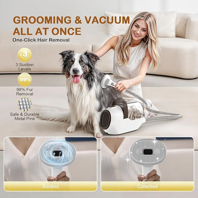 Dog Grooming Vacuum, Dog Grooming Kit with Pet Clipper Nail Grinder, 3 Suction Modes Dog Brush Vacuum with 6 Pet Grooming Tools (Coffee)-PurrikoPets