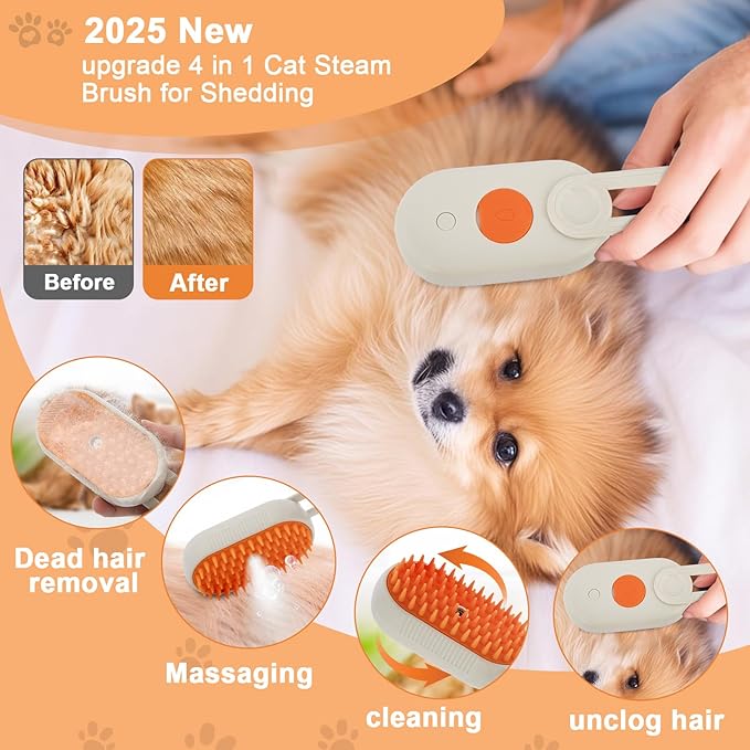 4-in-1 Cat Steam Brush Cat and Dog Anti-Static steam Brush with Spray for Massaging,cleaning,Shedding,Grooming,New Rechargeable Pet Grooming Brushes(cream khaki)-PurrikoPets