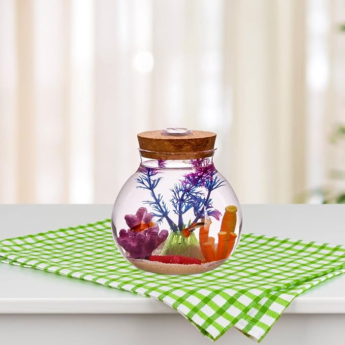 Fish Bowl with LED Light - Small Betta Fish Tank with LED Lighting and Lid Glass Fish Bowl Small Aquarium Glass Terrarium Container Bottle for DIY Landscape, Home Decor-PurrikoPets