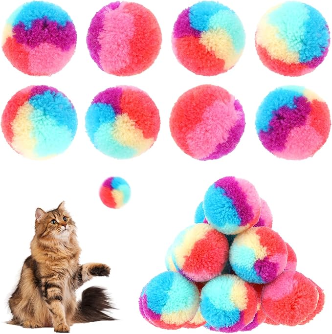 30 Pcs Soft Plush Cat Ball 1.2-inch Rainbow Cat Toy Balls Fuzzy Kitty Balls Kitten Puff Balls Colorful Cat Pom Pom Balls for Cat Kitten Pet Playing Exercising-PurrikoPets
