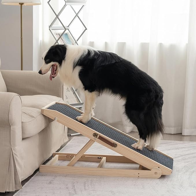 Dog Ramp for Bed Couch - Pet Steps Stairs to Get on Bed Couch 11.8"-19.6" High for Small or Large Dog Up to 200 lbs, Adjustable Wooden Dog Ramp Steps Foldable Portable, Anti-Slip Carpet (Natural)-PurrikoPets
