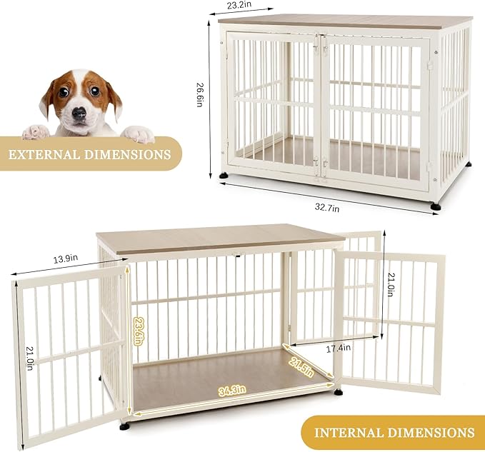 32 Inch Heavy Duty Dog Crate Furniture for Medium and Small Dogs, Decorative Pet House End Table, Wooden Cage Kennel Furniture Indoor with Double Doors, Sturdy Dog Cage for Anxiety Dog-PurrikoPets