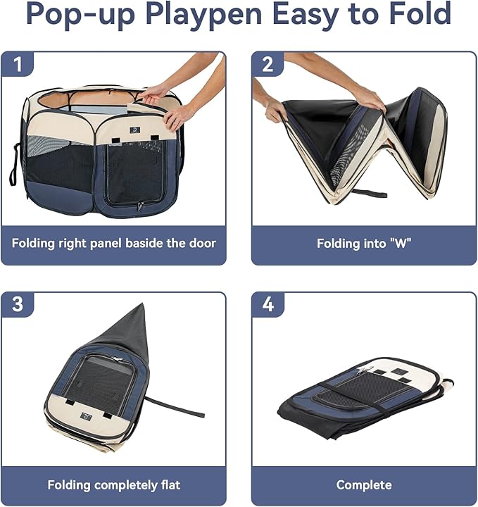 A 4 Pet Portable Dog Playpen, 49” Playpen for Dogs with Bowl, Suitable for Puppies, Kittens, and Small Animals, Removable Zipper & Mesh Panel(19”W × 12”H)-PurrikoPets