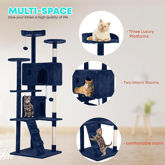 FDW Cat Tree 70in Cat Tower Multi-Level Durable Cat Scratching Post & Cozy Fun Cat Jumping Platform Space Saving Cat Condo Pet Play House for Indoor Cats,Navy Blue-PurrikoPets