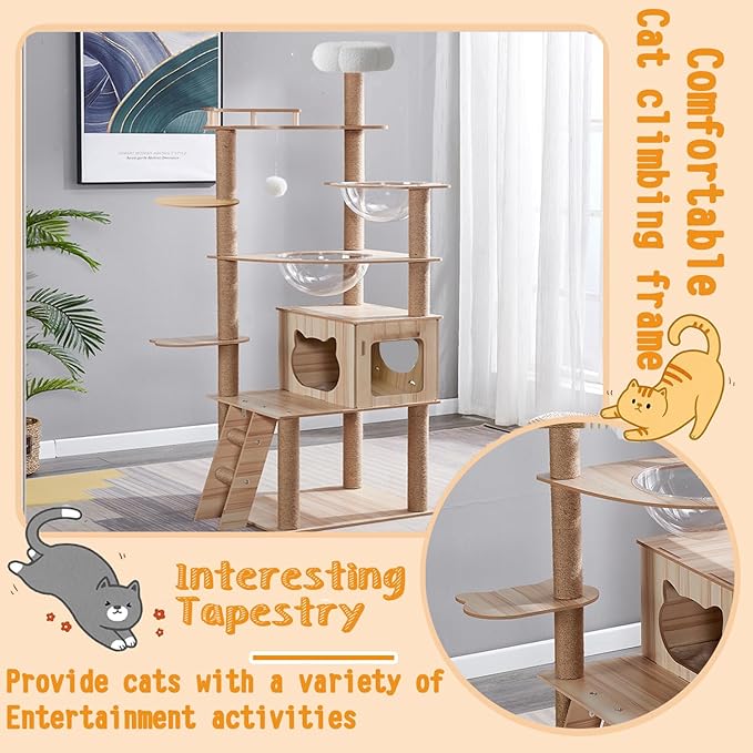 67-Inch Cat Tree for Indoor Cats Large Adult,Cat Tree Tower with Condo, Cat Stairs, 2 Bowl,14 Sisal Scratching Posts, Top Perch, with Padded Platform Bed,Toy Balls,Larg Large cat Tree.B12-PurrikoPets