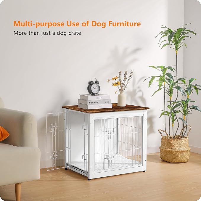 DWANTON Dog Crate Furniture with Cushion, Wooden Kennel Table with Double Doors, Indoor Dog House, Small/Medium/Large Size, 27.2" L, White+Rustic Brown-PurrikoPets