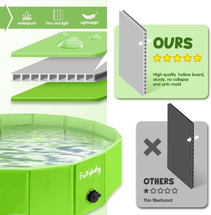 Furrybaby Dog Pool, Kiddie Pool with Hard Plate Collapsible Pet Bath Foldable Swimming Pet Pool Portable Green 32''-PurrikoPets
