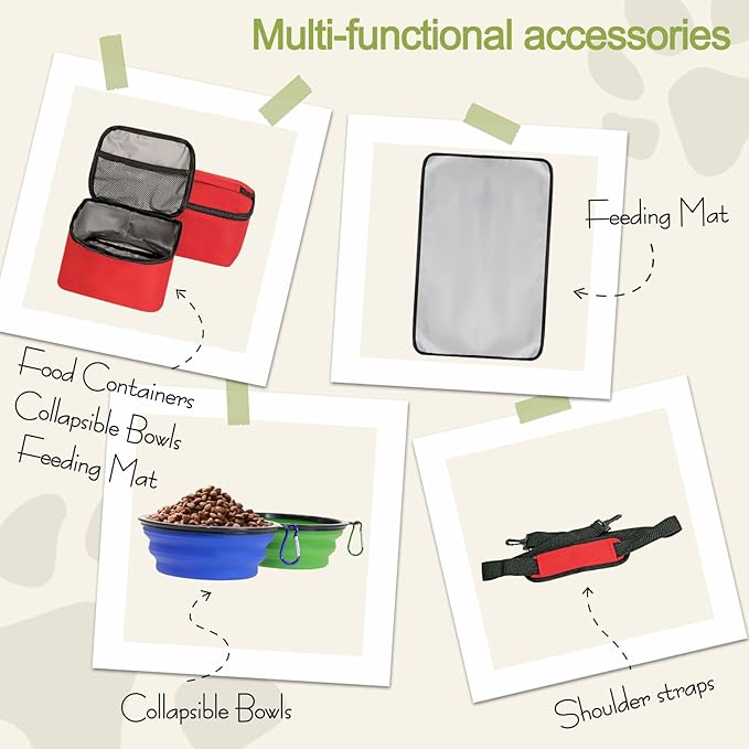 Dog Travel Bag,Weekend Pet Travel bag Set for Dog and Cat,Airline Approved Tote Multi-Function Bags for Traveling,Include 2 Collapsible Bowls,2 Food Storage Containers,1 Feeding Mat,Red-PurrikoPets