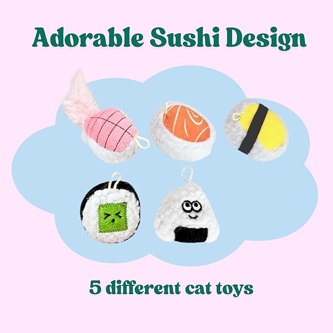 5 Pack Sushi Cat Toys, Interactive Catnip with Bells Inside Kitten Boredom Relief, Soft and Durable, Indoor Kitty Exercise Pet Toys-PurrikoPets