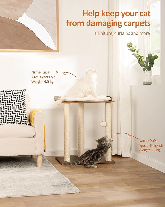 FourFurPets 26.7in Large Cat Tree Tower Condo, Cat Scratch Posts for Indoor Cats, Big Plate, Three 23.6in Full Sisal Scratching Posts, Rustic Brown-PurrikoPets