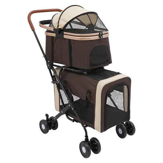 2-Layers Pet Stroller for 2 Cats/Dogs,Foldable Lightweight 77lbs Capacity Carrier, 4 Wheels, Removable Basket & Storage Pocket,for Small Pets (Coffee)-PurrikoPets