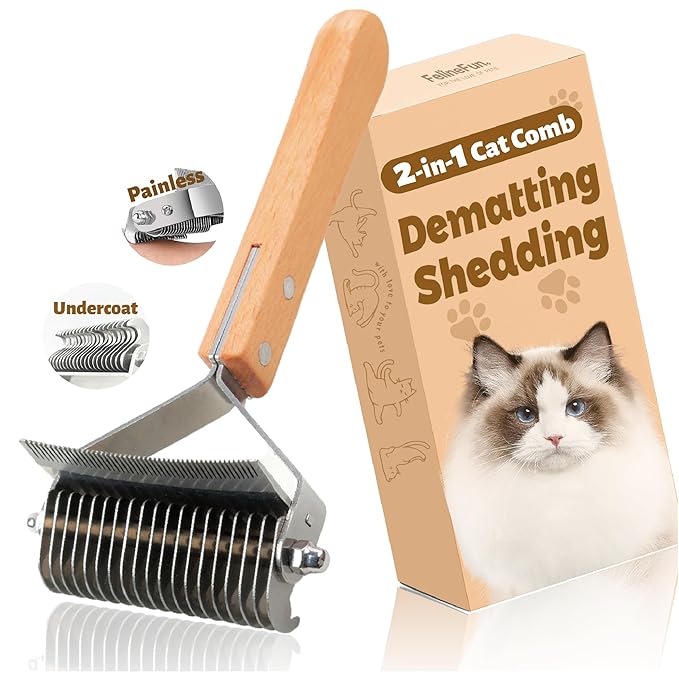 FelineFun Cat Brush for Dematting & Deshedding, 2 in 1 Undercoat Rake, Efficiently Remove Loose Hair & Matted Fur, Professional Shedding Comb for Indoor Cats & Long Haired Cats-PurrikoPets