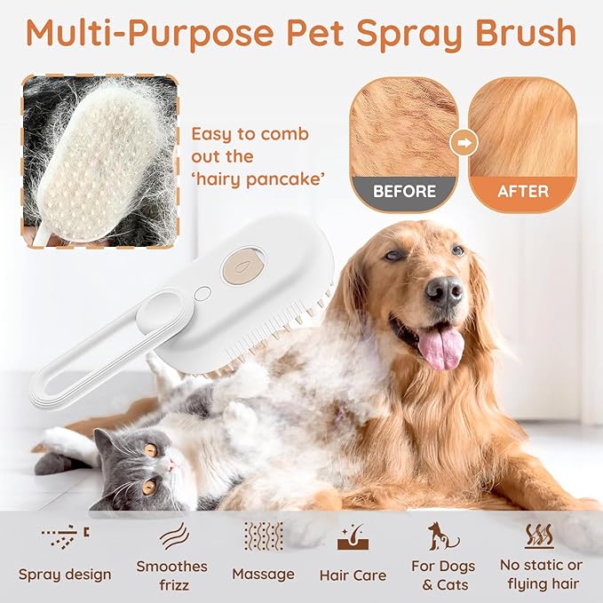 GKZ Cat Steam Brush, 3 in 1 Pet Comb for Massage, Cleaning, Shedding and Combing, Electric Mist to Prevent Flyaways for Home, Dogs and Cat Lovers - White-PurrikoPets