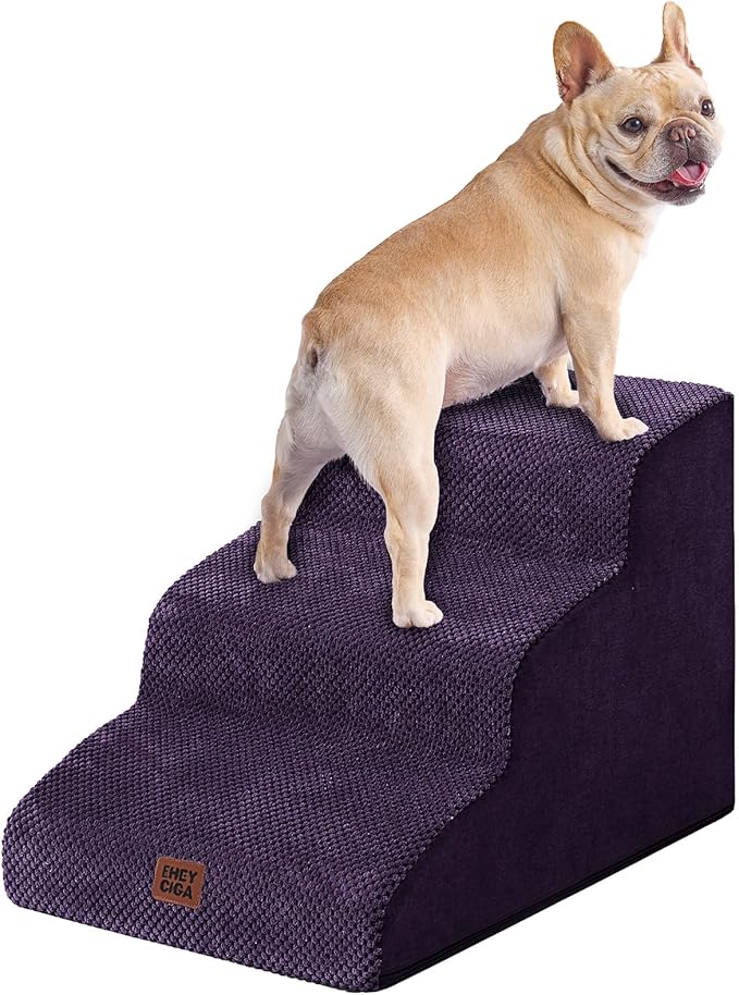 EHEYCIGA Curved Dog Stairs Ramp for Small Dogs 15.7" H, 3-Step Dog Steps for Couch Sofa and Chair, Pet Stairs for Cats, Non-Slip Balanced Pet Steps Indoor, Purple-PurrikoPets