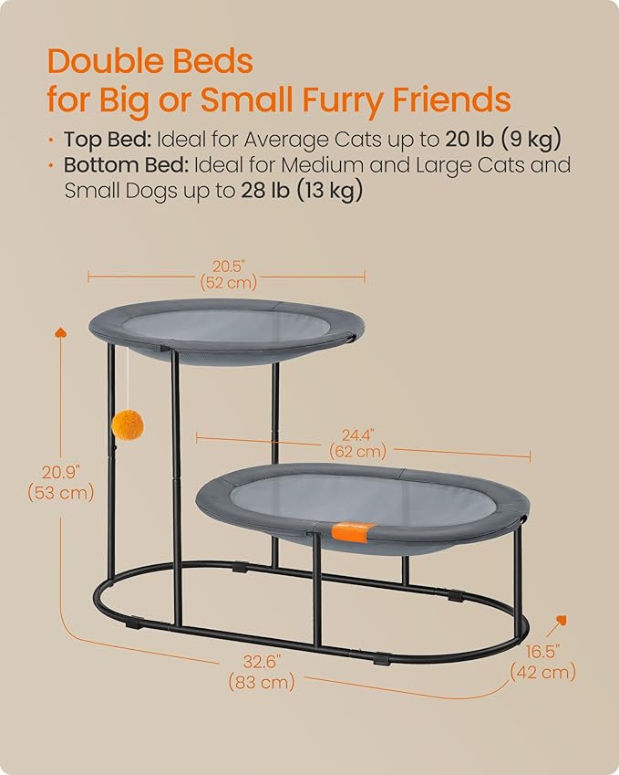 Feandrea 2-Tier Elevated Cat Hammock Bed, Breathable Furniture for Multi-Cat Households Indoor and Outdoor, with Removable Washable Mesh, Steel Frame, for Summer, Dove Gray UPCB012G01-PurrikoPets