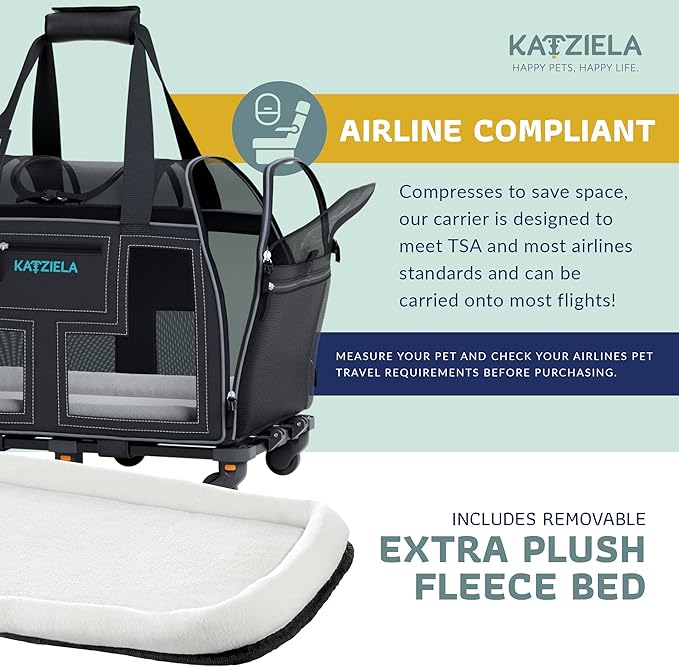 Airline Compliant Pet Carrier - Rolling Portable Travel Carry Crate for Small Dog, Puppy or Cat - Soft Removable Wheeled Design with Mesh Window Sides - Airplane and TSA Compliant- by Katziela-PurrikoPets