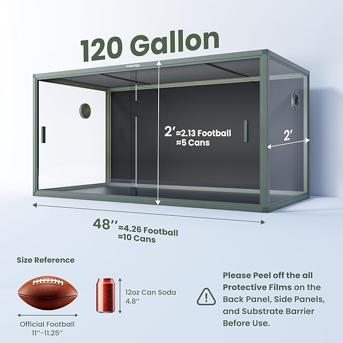 120 Gallon Bearded Dragon Tank,48" x 24" x 24" Reptile Tank with Sliding Door Top Screen Ventilation, Front Opening Reptile Enclosure for Easy Maintenance-PurrikoPets