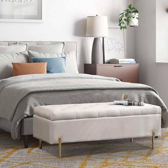 45.6 Inch Velvet Storage Bench Upholstered Tufted Settee Ottoman Bench with Storage, Bed End Bench with Soft Close Lid, for Bedroom, Living Room, Entryway, Rectangular Accent Bench, Beige-PurrikoPets