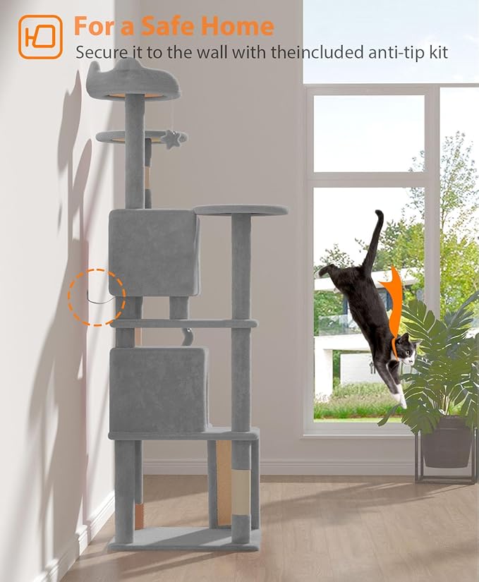 70'' Cat tree Tower for Indoor Cats Large Adult,Cute/Tall Modern Cat Tree for Big Cats 20 lbs,Plush Multi-Level Cat Condo with Scratching Posts,Dangling Ball for fun play(Light Gray, 70 inch)-PurrikoPets