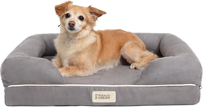Friends Forever Orthopedic Dog Bed, Memory Foam Pet Sofa, Calming Dog Couch, Water Resistant Pet Bed, Washable Cover, Non-Slip Bottom, Chester, Grey, 25" x 20" x 5.5"-PurrikoPets