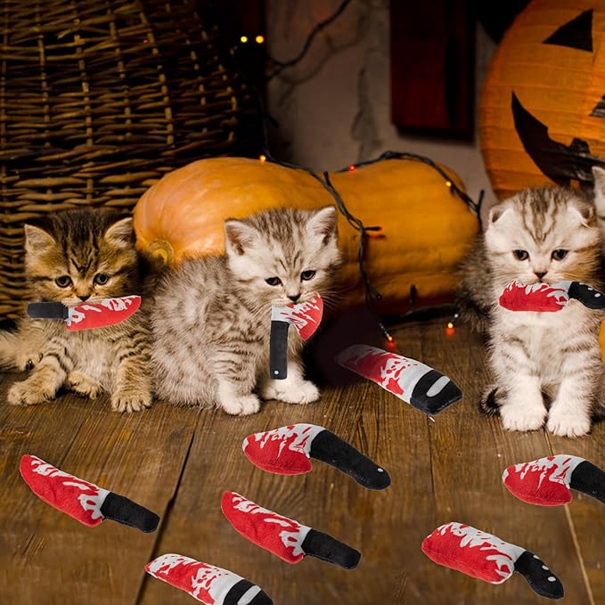 8pcs Catnip Toy, Indoor Knife Shaped Cat Toy Horror Plush Interactive Chew Bite Toys for Halloween Christmas Cat Kitten Indoor Festive Holiday Cat Lover Gift-PurrikoPets