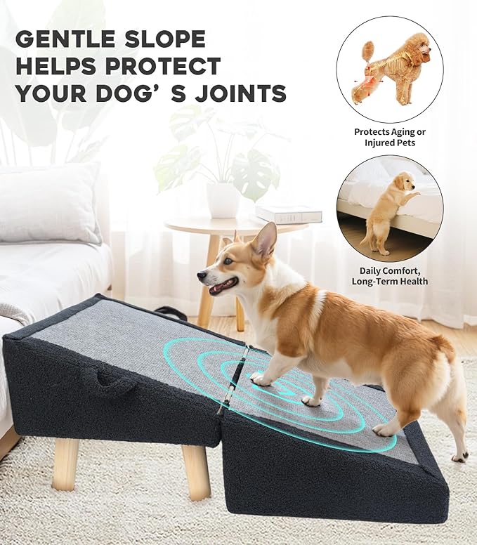 Dog Stairs for Small Dogs and Cats – 2-in-1 Dog Ramp for Bed and Couch, 16.5'' Foldable Wooden Pet Steps, Sturdy Multi-Use Split Ottoman Design, Dark Blue-PurrikoPets