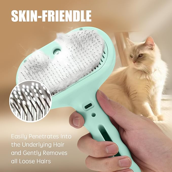 3-in-1 Pet Steam Brush, Grooming Comb with Water Tank for Cats and Dogs, Long and Short Hair (Green)-PurrikoPets