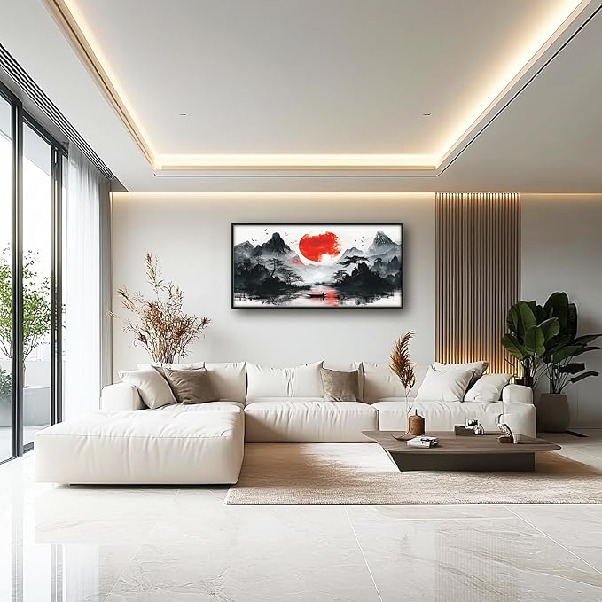 Framed Large Japanese Mountain Wall Art for Living Room, Oversized Asian Red Sun Lake Landscape Wall Decor Nature Canvas Painting Home Decoration for Living Room Bedroom Office 60"x30"-PurrikoPets