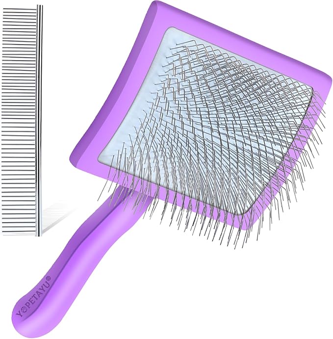Dog Slicker Brush for Shedding and Grooming Medium or Long Haired Cats, Extra Long & Soft Pin Slicker Brush for Removes Loose Hair, Tangles, Knots, Undercoat, Free Pet Comb, Large Purple-PurrikoPets