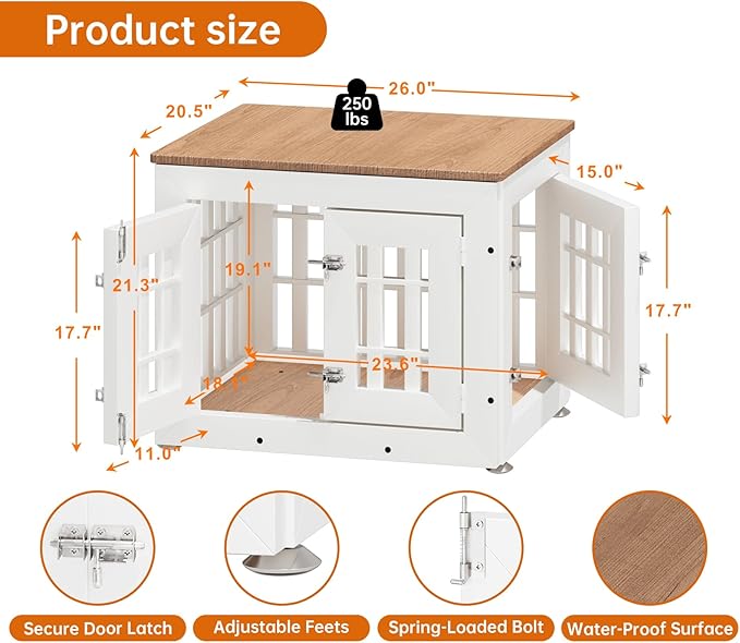 26" Heavy Duty Dog Crate Furniture for Small,Medium and Large Dogs,Rustic Wooden Dog Cage Kennel Indoor Furniture with Waterproof Top,Decorative Pet House Side End Table (White & Wood)-PurrikoPets