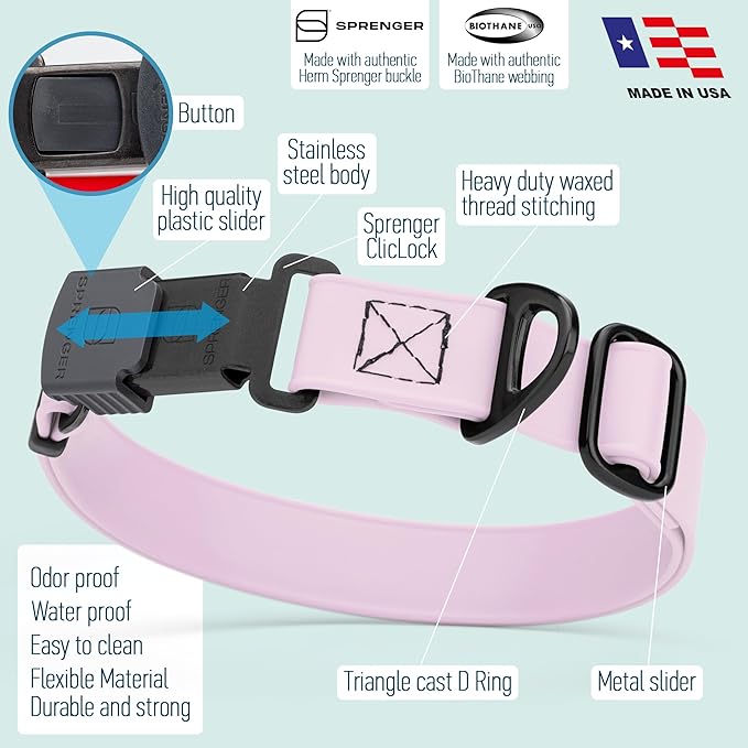Dogline Biothane Waterproof Dog Collar with Herm Sprenger Stainless Steel Quick Release Buckle – Heavy Duty Tactical Durable Collar for Dogs – Comfortable and Safe Pet Collar, W 3/4" L 12-19", Pastel-PurrikoPets
