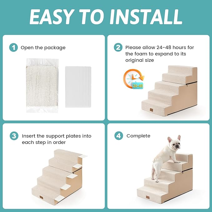 Dog Stairs for Small Dogs, 5 Tier Removable Wider Pet Stairs for Couch and Bed, 23.6" H Non-Slip Dog Steps for Puppies and Old Cats with Support Board, 29.5x19.7x23.6 inch, Beige-PurrikoPets
