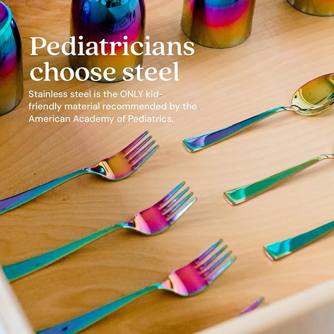 Ahimsa Stainless Steel Kids Utensils - Kids Fork and Spoon Set, Pediatrician Designed Rainbow Silverware Set, 100% BPA Free & Dishwasher Safe (Rainbow)-PurrikoPets