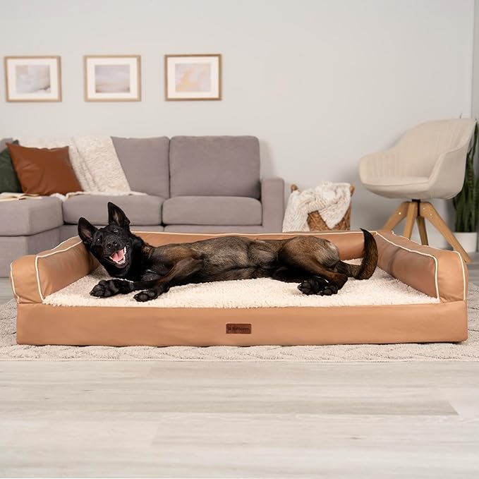 FurHaven Orthopedic Dog Sofa Bed – Memory Foam Couch with Bolsters, Textured Plush & Water-Resistant Cover, Washable Cover, Joint Support - Camel, Jumbo Plus-PurrikoPets