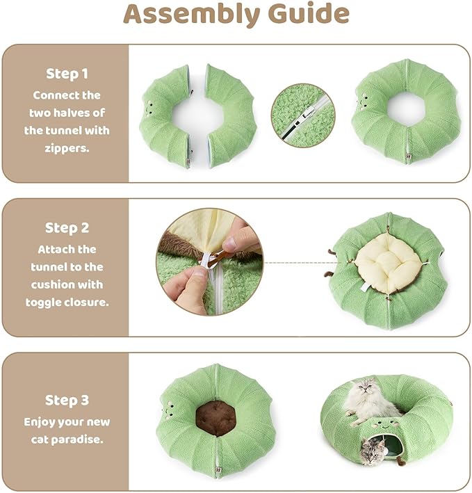 EHEYCIGA Cat Tunnel Bed for Indoor Cats, Cute Cat Donut Toy Tunnel for Small Large Cats with Washable Circle Cushion, Peekaboo Pet Cave Play Tunnel for Kitten, Puppy, Rabbit-PurrikoPets