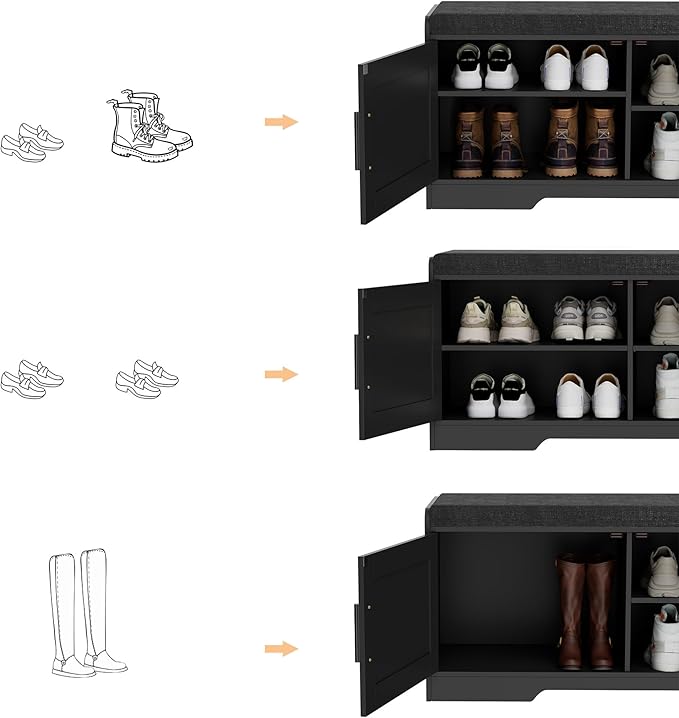 2-Tier Storage Bench, Shoe Bench with Thickened Padded Seat Cushion, Entryway Bench with 2 Doors, Adjustable Shelf, 13.8" D x 37.4" W x 18.5" H, for Entryway, Living Room, Bedroom, Black-PurrikoPets